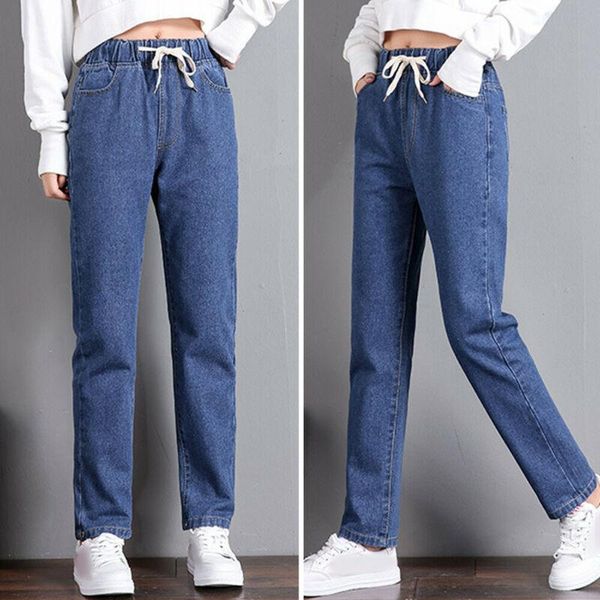 women's jeans women drawstring elastic waist denim ladies casual straight trouser bottom, Blue